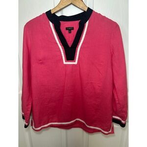Talbots Petites Linen Top Pink Black White 3/4 Sleeve Tunic Blouse Medium